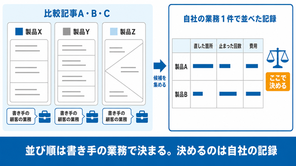 比較記事A・B・Cは分け方も先頭の製品もばらばらで、書き手の顧客の業務を前提にしている一方、自社の業務1件で製品Aと製品Bを並べた記録で決めることを示した左右比較の図