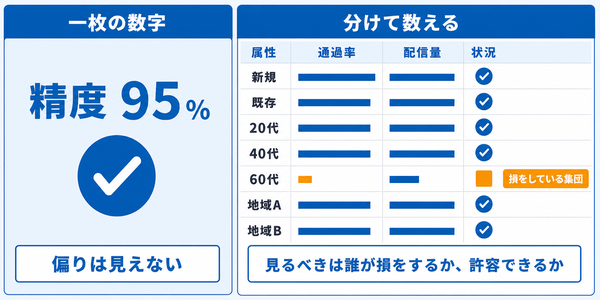 全体精度の一枚の数字ではバイアスが隠れ、属性別に分けた表で損をしている集団が見えることの対比