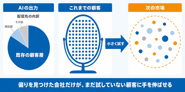 AIの偏った出力を鏡として自社の過去の顧客の偏りを知り、見えていなかった層へ試す矢印が伸びる図