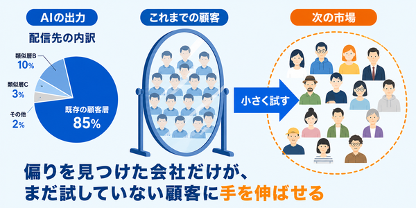 AIの偏った出力を鏡として自社の過去の顧客の偏りを知り、見えていなかった層へ試す矢印が伸びる図