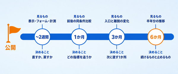 Webサイト公開後の半年を2週間・1か月・3か月・6か月の4区切りに分け、それぞれで見るものと決めることを並べた横タイムライン
