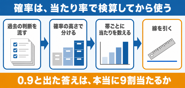 人が正解を付けた過去の判断を流す、確率の高さで帯に分ける、帯ごとに当たった割合を数える、線を引く、の4段階を左から右へ並べた図